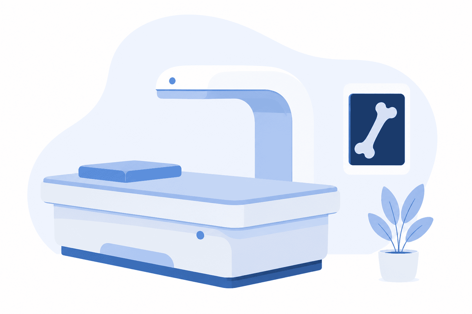 DEXA bone density scanner with an open table and scanning arm