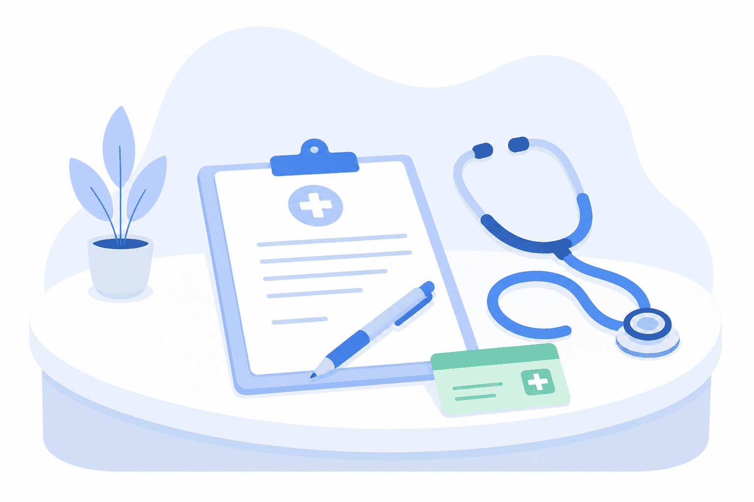 Doctor's desk with a referral form on a clipboard, pen, stethoscope and Medicare card