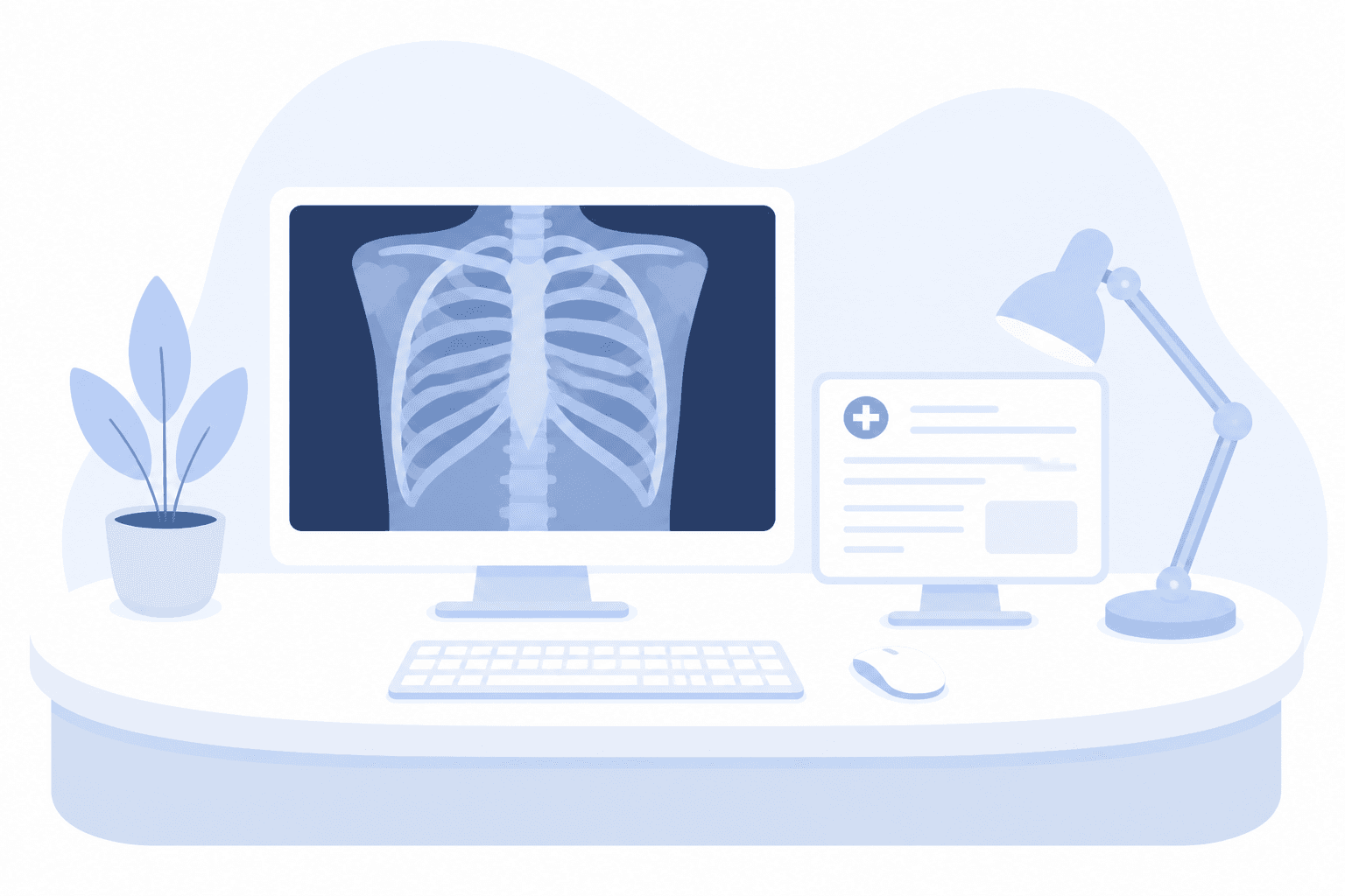 Radiology workstation with a chest X-ray on the monitor