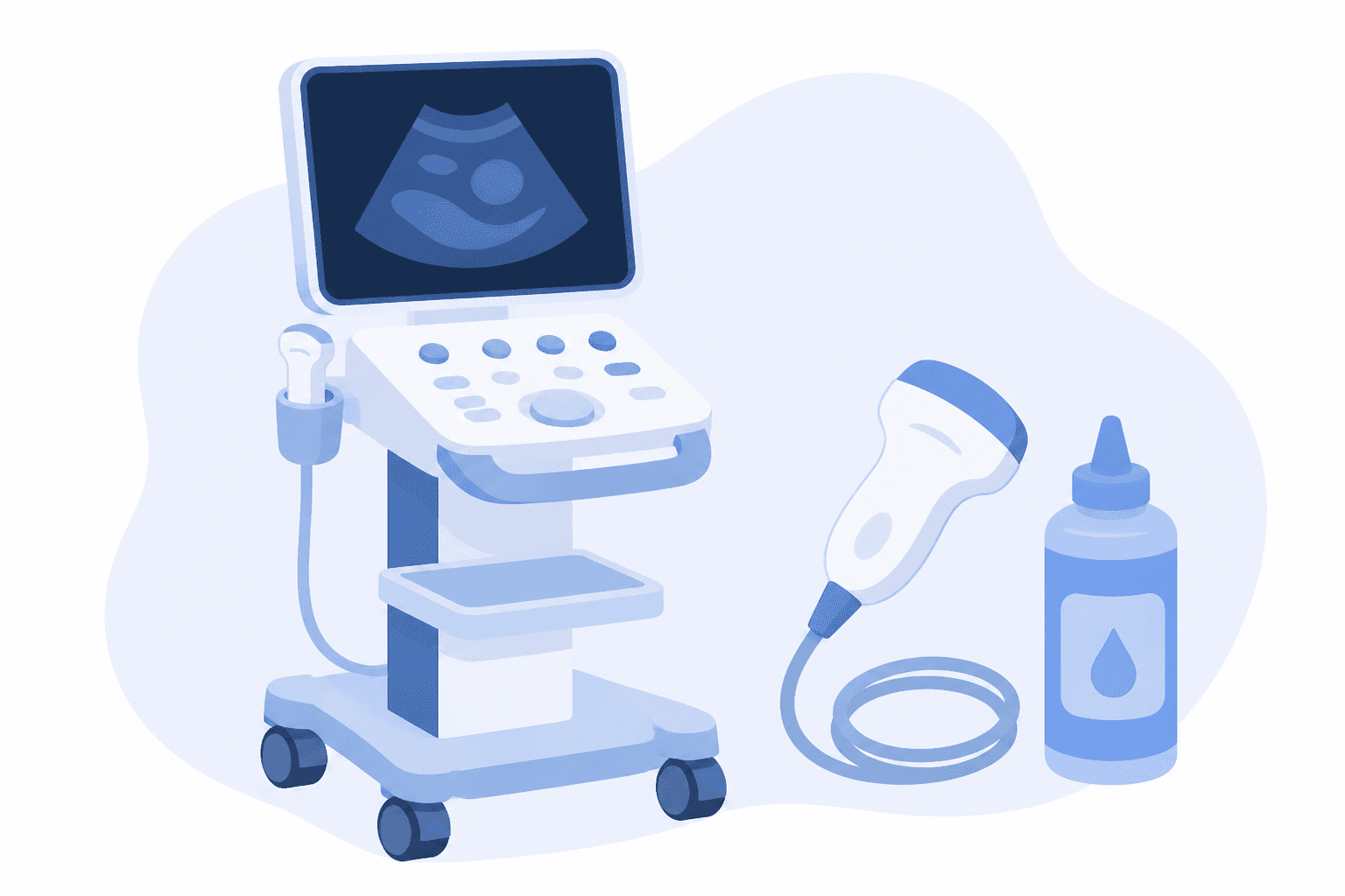 Ultrasound machine with a hand-held probe and a bottle of gel
